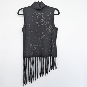 Votre Nom Black Merino Wool Sleeveless Fringe Turtleneck Asymmetric Top Sz L